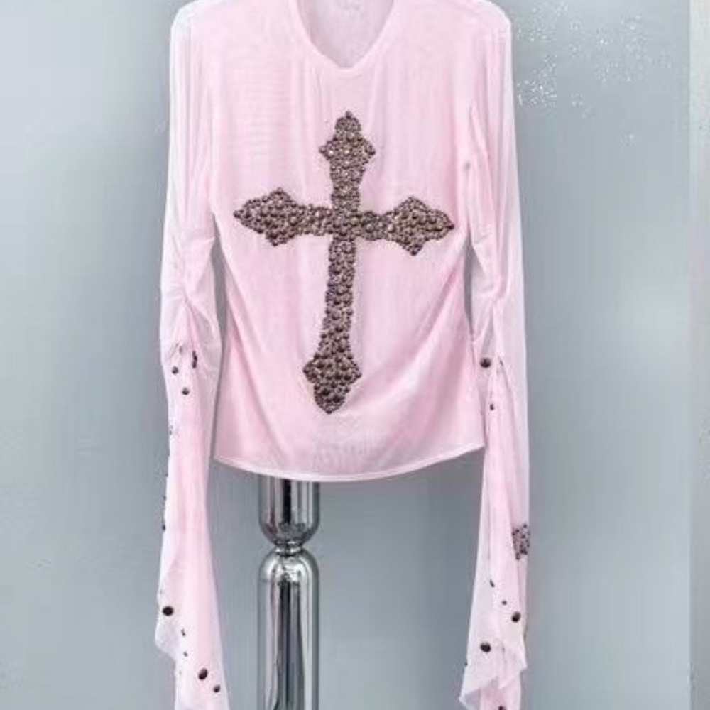 Y2K Cross Mesh Long Sleeve Top – Crystal Studded Sheer Shirt with Flared Sleeves